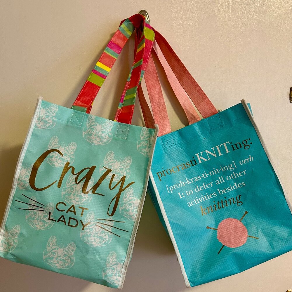 Set of 2 JoAnn fabrics reusable bags CRAZY CAT LADY & KNITTING PROCRASTIKNITTING